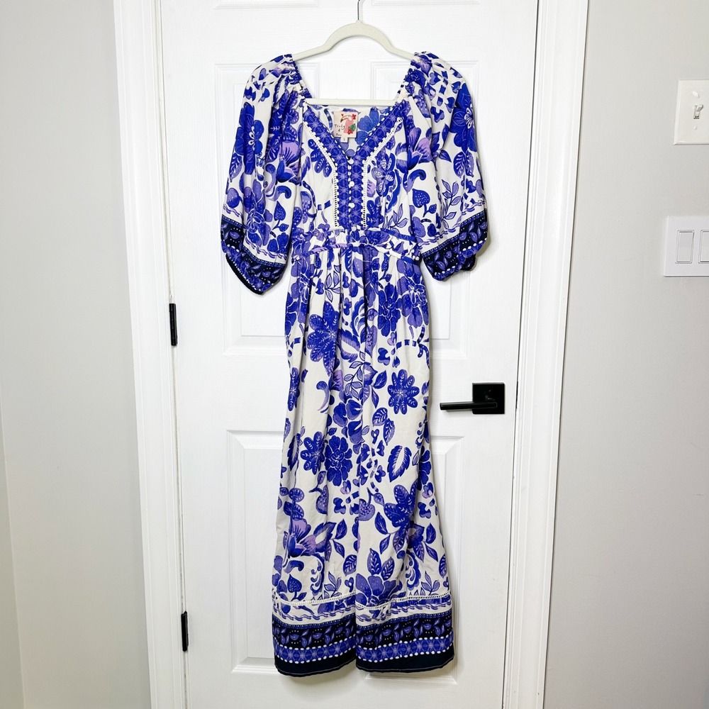 Truly 4 You Maxi Dress Womens Small Blue Floral Puff Sleeve‎ Boho Excellent